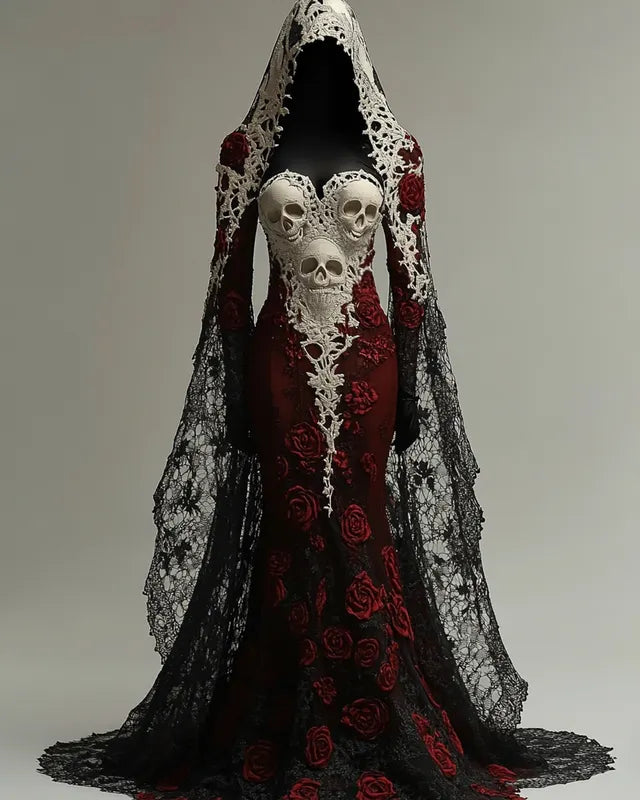 Halloween Contrasting Lace Rose And Skull Embroidered Evening Dress 7343