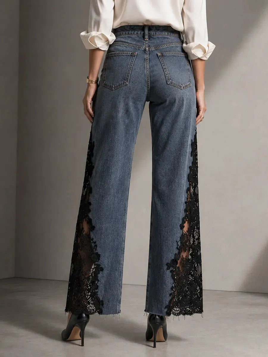 Elegant Lace Panel Wide Leg Denim Jeans For Women - High Waist Vintage Wash Jeans