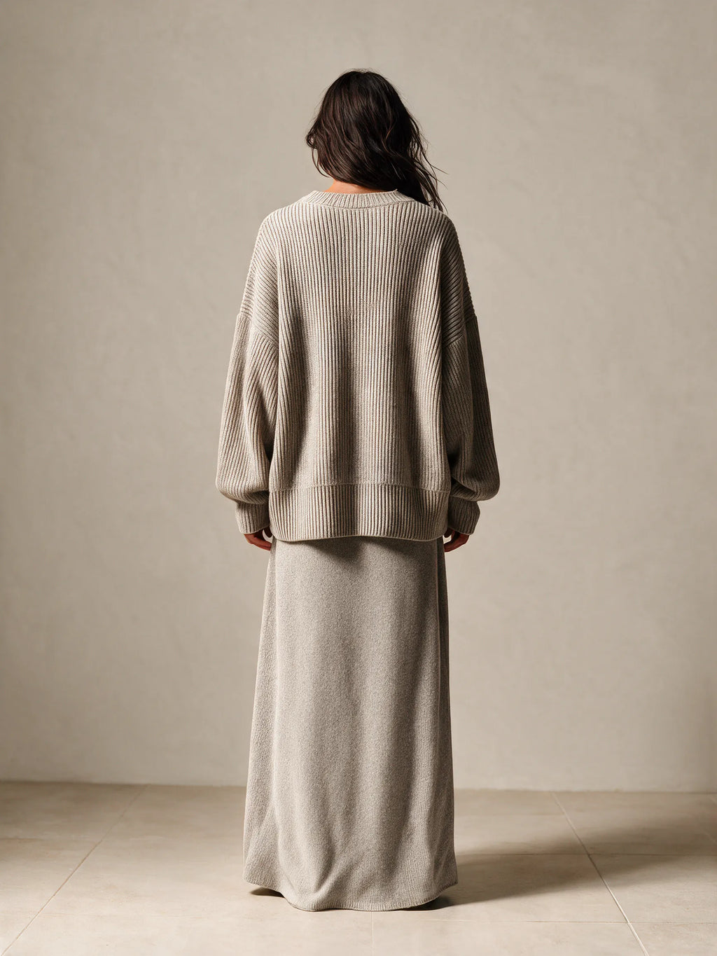 Women's Oversized Rib Knit Sweater & Lace Panel Maxi Skirt Set