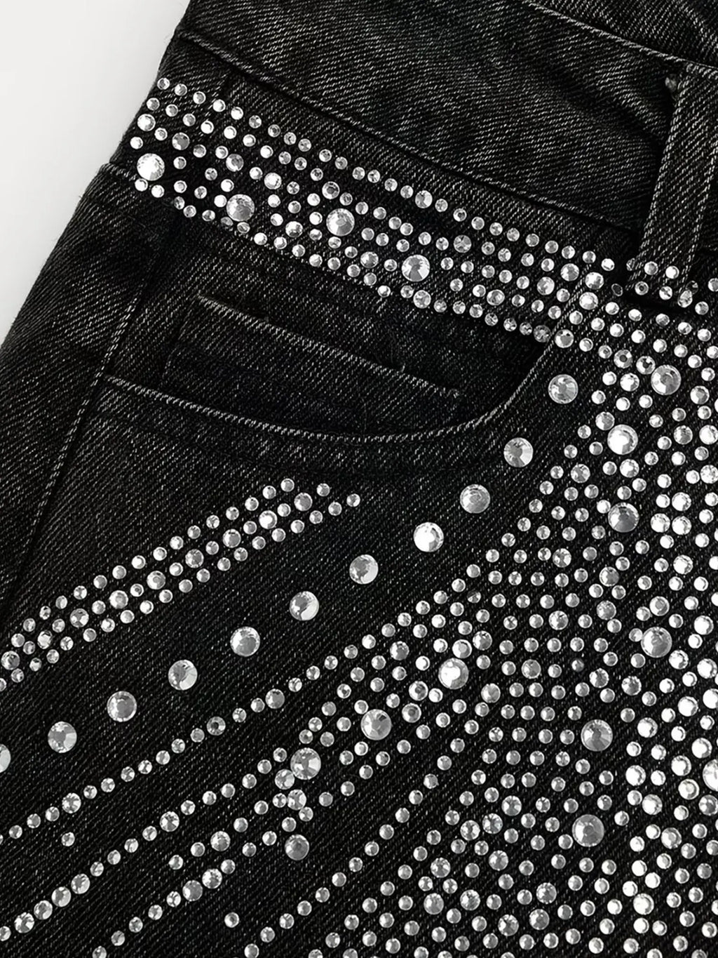 Western Outfits — Midnight Black Hotfix Rhinestone Shooting Star Pattern Premium Stretch Denim Long Pants