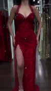 deep-red-sequin-halter-gown-feather-trim-slit-corset-maxi-dress