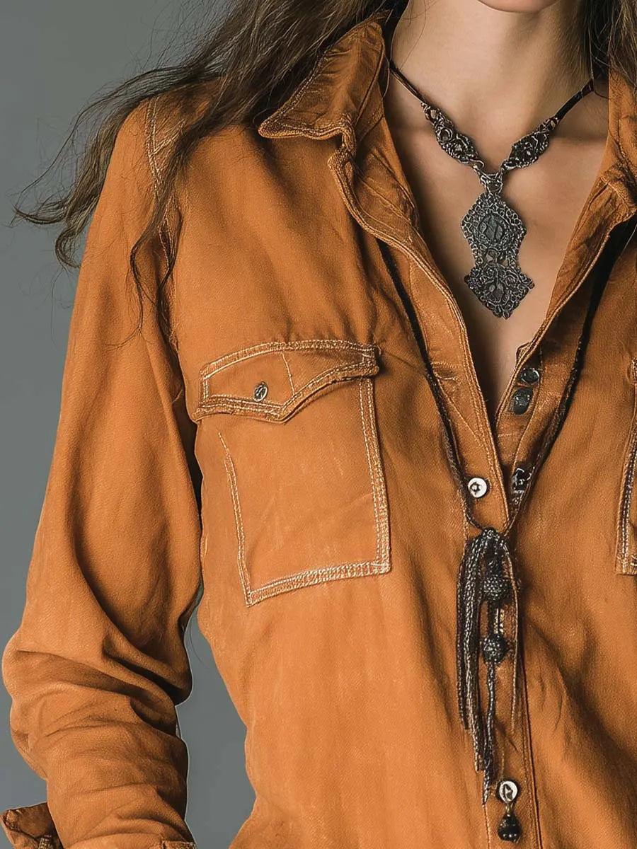 Vintage Caramel Soft Cotton Utility Pocket Shirt