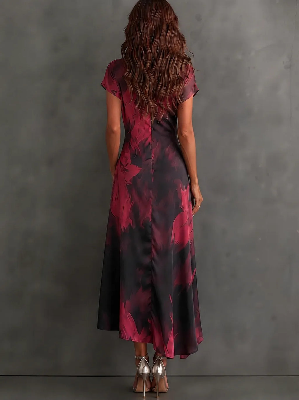 Red Black Abstract Print Wrap Midi Dress Collared V Neck Short Sleeve Tie Waist Ruffled High‐Low Hem Dress