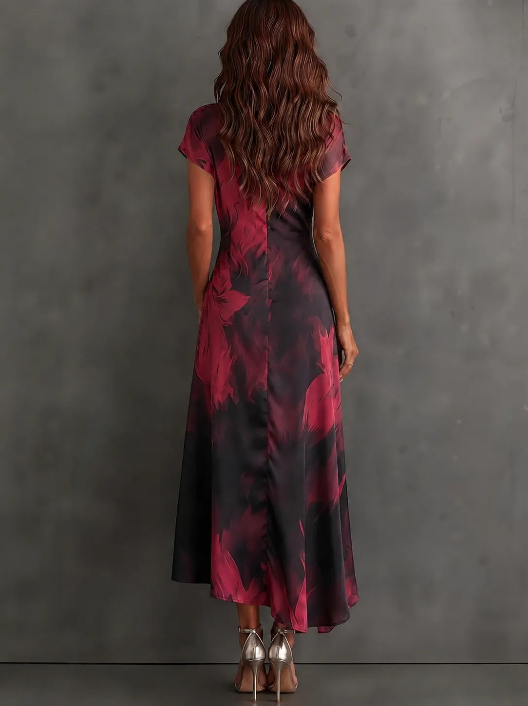 Red Black Abstract Print Wrap Midi Dress Collared V Neck Short Sleeve Tie Waist Ruffled High‐Low Hem Dress