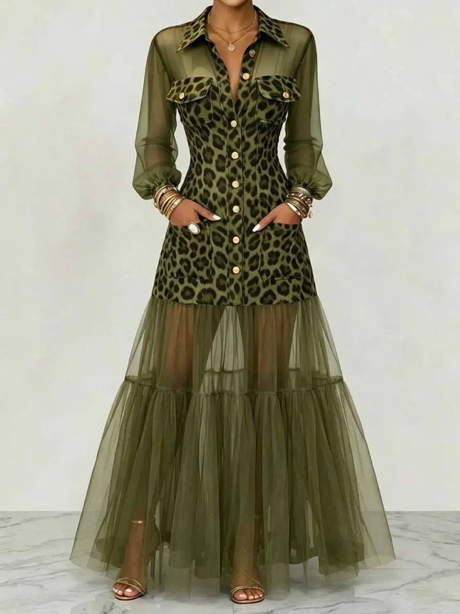 Women's Retro Leopard Pattern Art Stylish Chiffon Patchwork Casual Dress