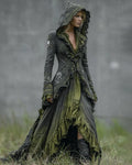 Halloween Irregular Gradient Skull Embroidered Lace Hooded Evening Dress c867