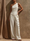 Women's Solid-color Asymmetric One-shoulder Sleeveless Casual Loose Cotton-linen Top And High-waisted Wide-leg Pants Set