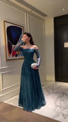 teal-blue-lace-off-shoulder-gown-sheer-sleeve-corset-maxi-dress