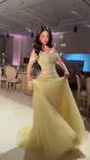pale-gold-beaded-tulle-ball-gown-off-shoulder-fringe-maxi-dress