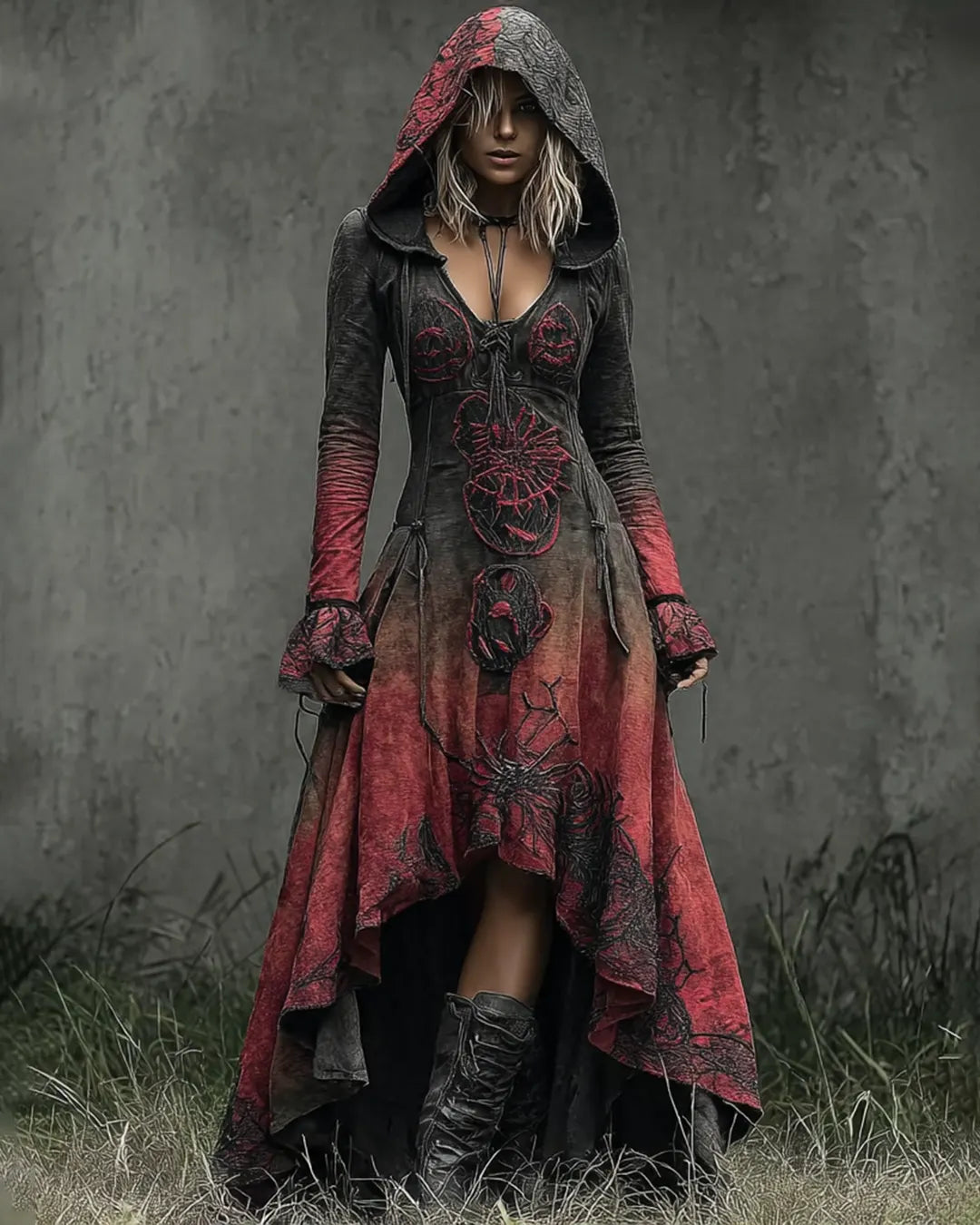 Halloween Irregular Gradient Embroidered Hooded Evening Dress 5b16