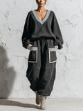 Oversized Contrast Trim V Neck Sweatshirt And Utility Jogger Set