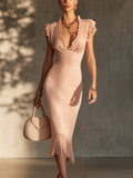 Pink Ruffled Cap Sleeve Midi Dress With Fringe Hem