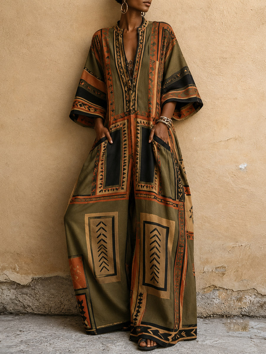 Women’s Tribal Geometric Print Loose Kaftan Jumpsuit