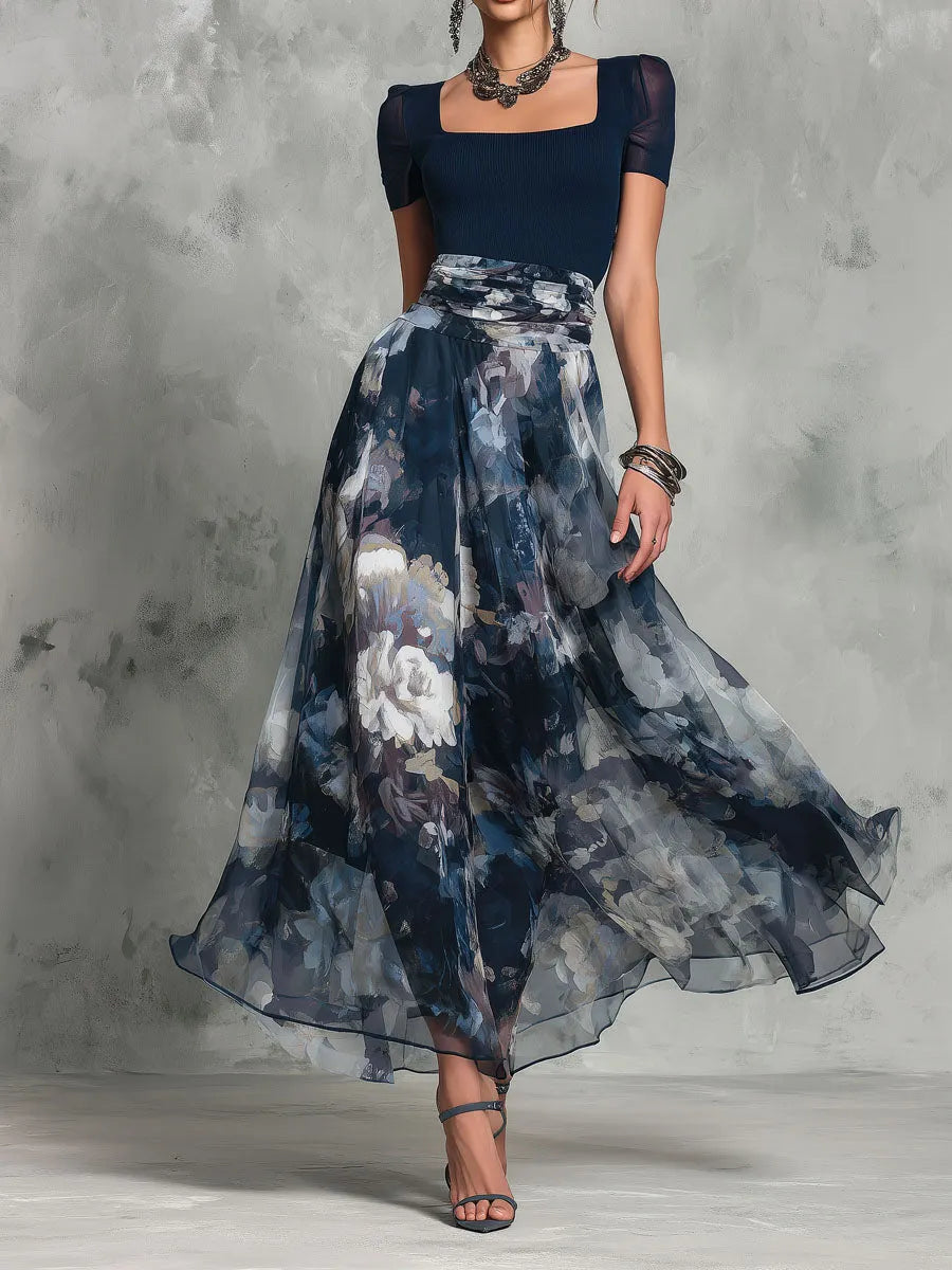 Women's Flowy Skirt With Watercolor Floral Print
