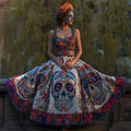 Day Of The Dead Sugar Skulls Floral Embroidered Linen Maxi Evening Dress