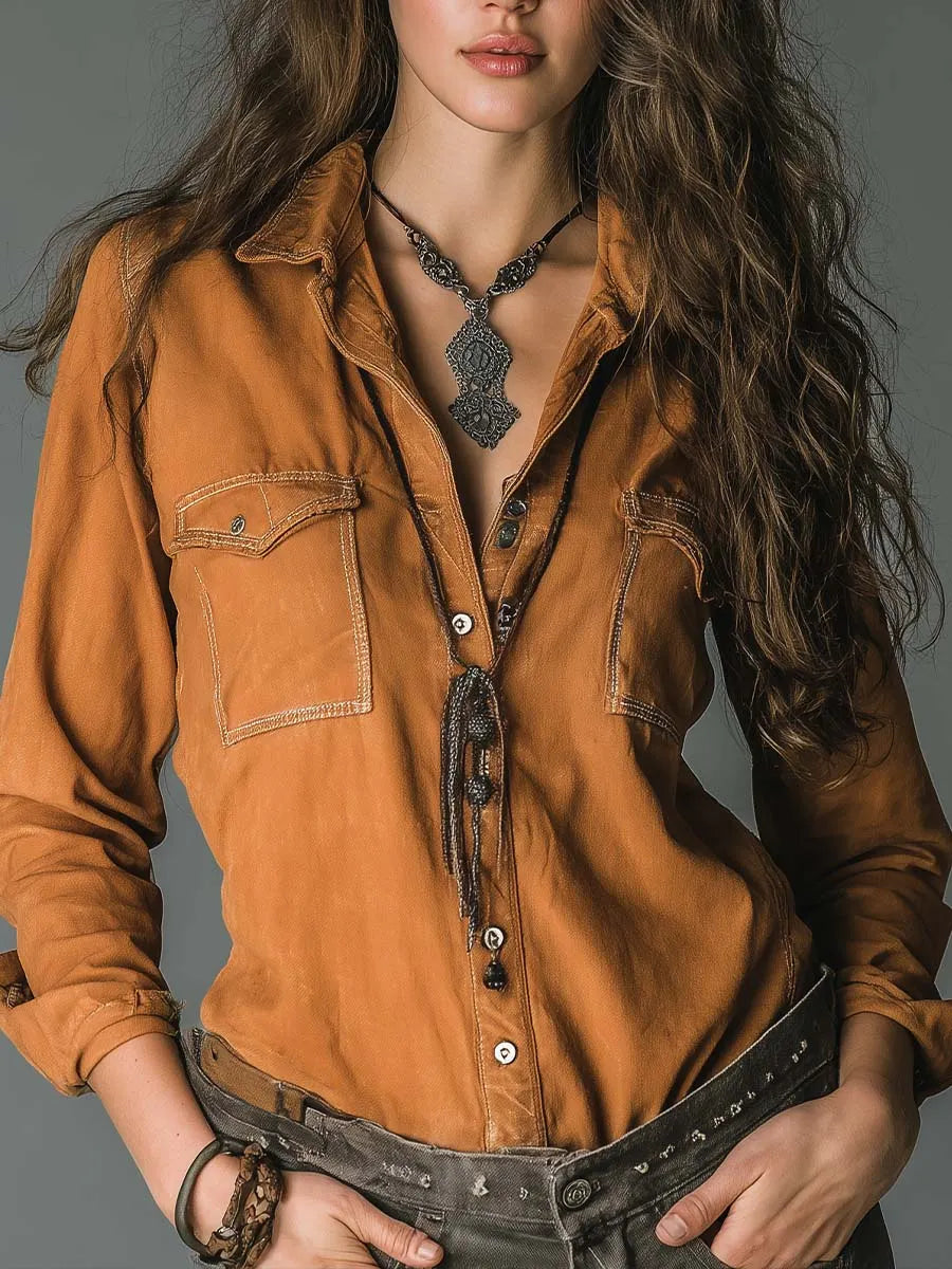 Vintage Caramel Soft Cotton Utility Pocket Shirt