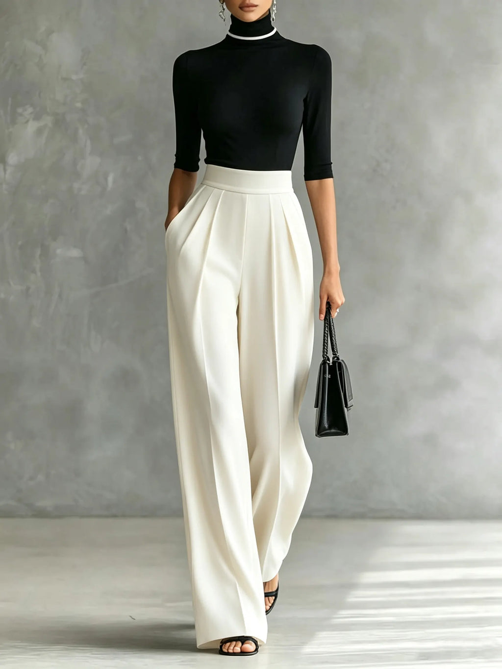 White Trim High-neck Mid-sleeved Black Top With White Wide-leg Pants Set