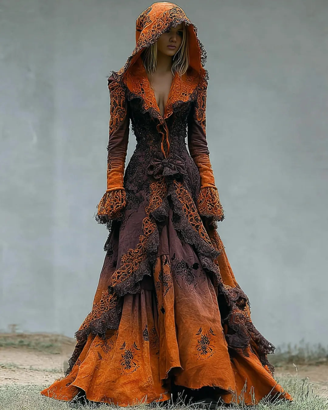 Halloween Irregular Gradient Lace Patchwork Hooded Evening Dress bc3a