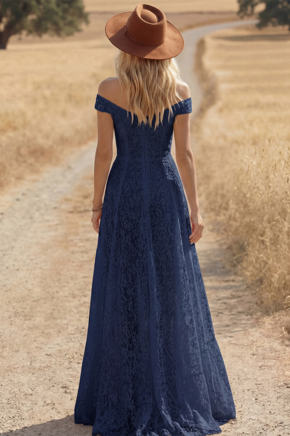 Navy Boho Dress A-Line Off the Shoulder Lace Maxi Dress with Slit