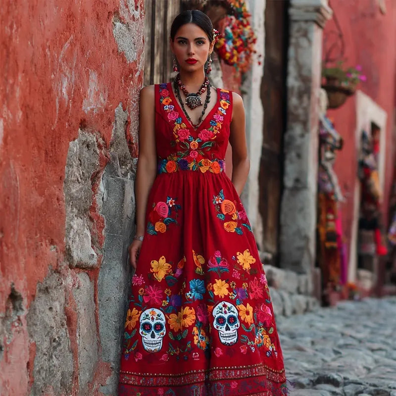 Day Of The Dead Sugar Skulls Flowers Embroidered Linen Maxi Evening Dress