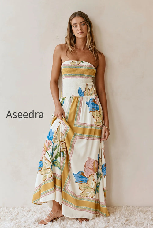 Boho Floral Bandeau Vacation Maxi Dress