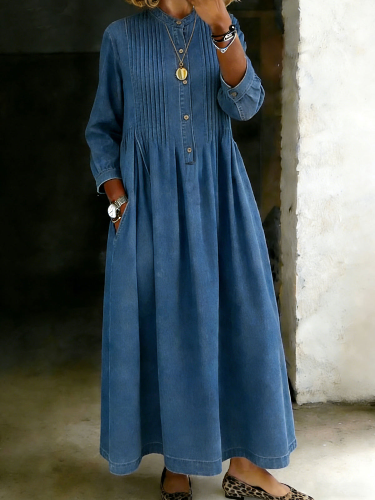 Women's Crew Neck Long-sleeved Casual Loose Denim Dress