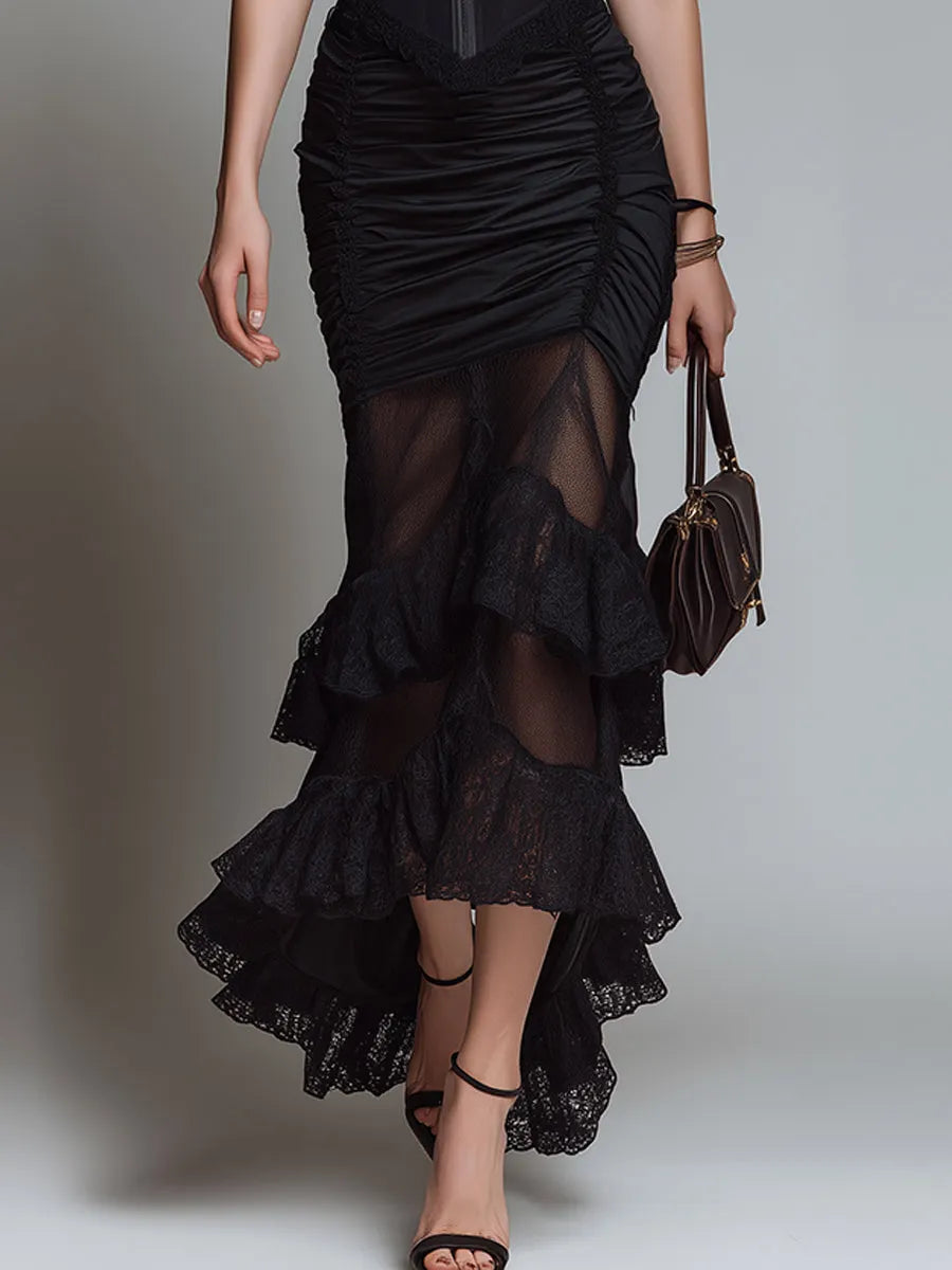 Goth Corset Lace Patchwork Pleated Maxi Dress