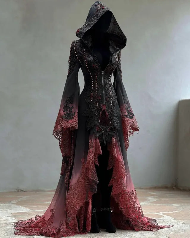 Halloween gradient lace patchwork ruffled hooded Evening Dress fa3c