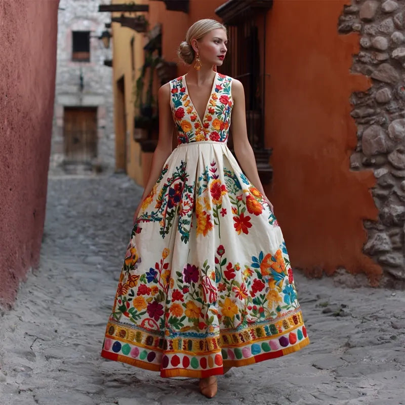 Mexican Flowers Embroidered V Neck Flowy Linen Maxi Evening Dress