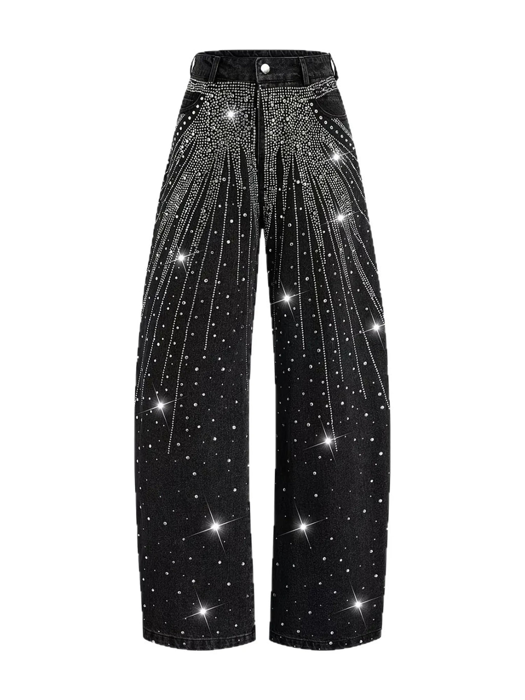Western Outfits — Midnight Black Hotfix Rhinestone Shooting Star Pattern Premium Stretch Denim Long Pants