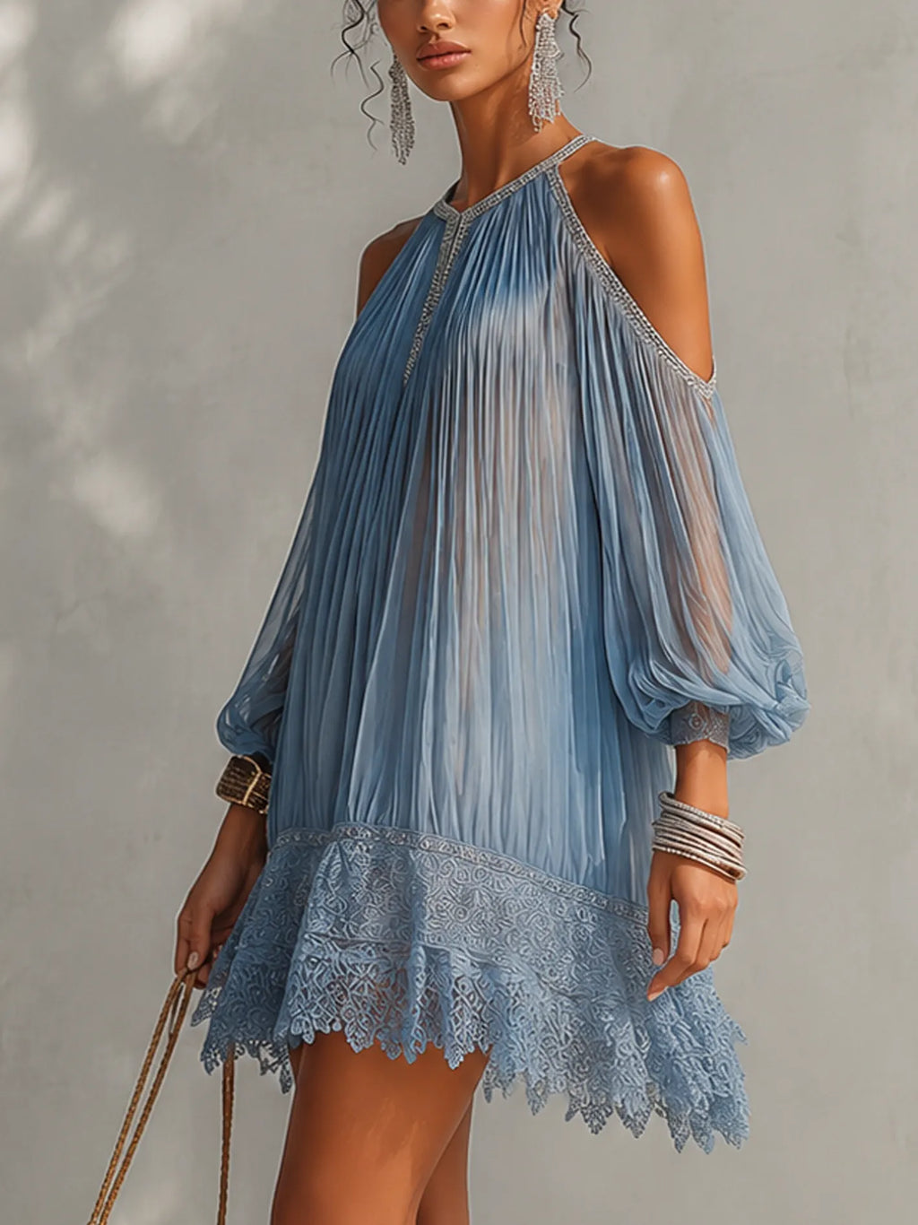 Sky Blue Sparkle Trim Lace Cold Shoulder Pleated Mini Dress