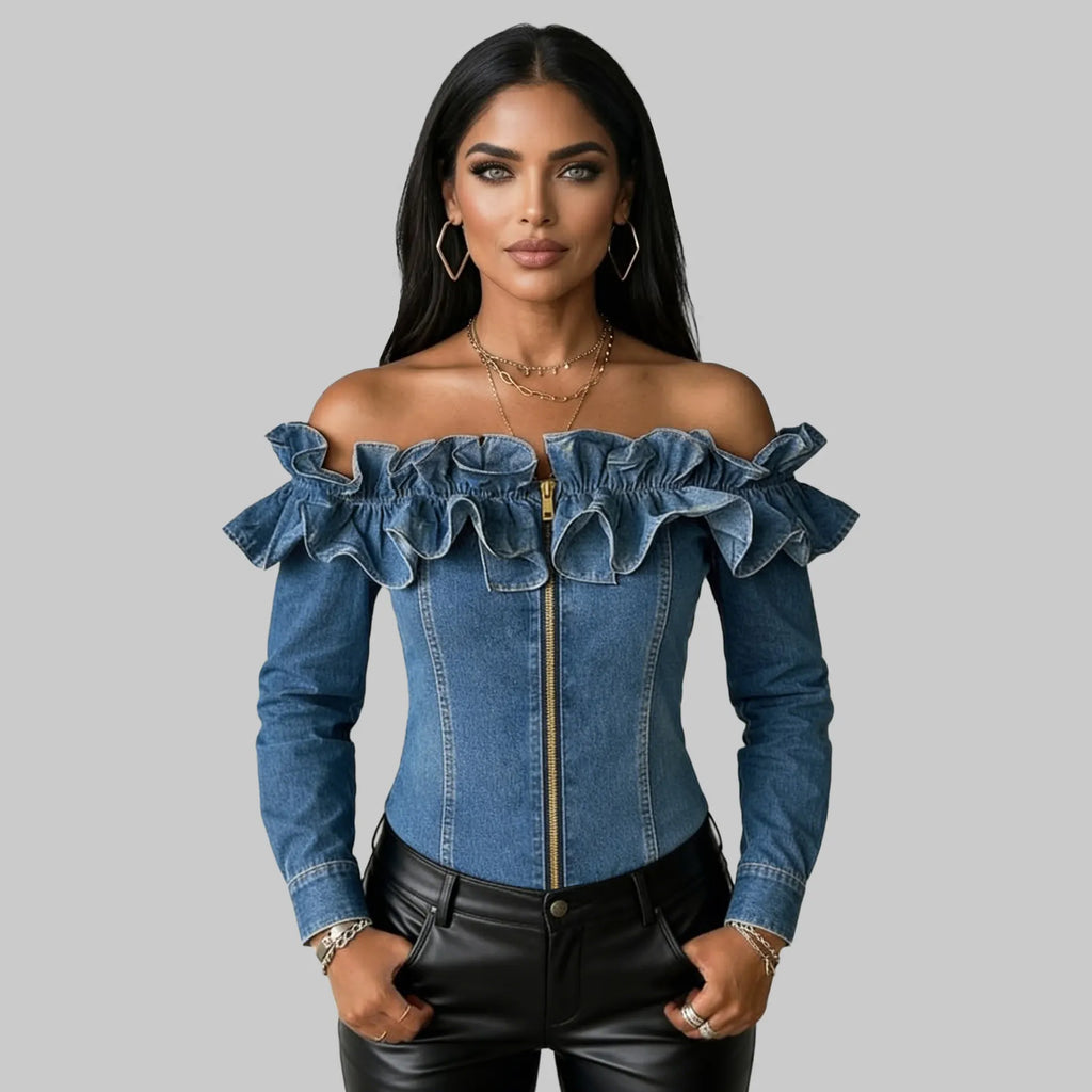 Women's Vintage Ruffled Off Shoulder Zip Up Slim Fit Denim Blouse