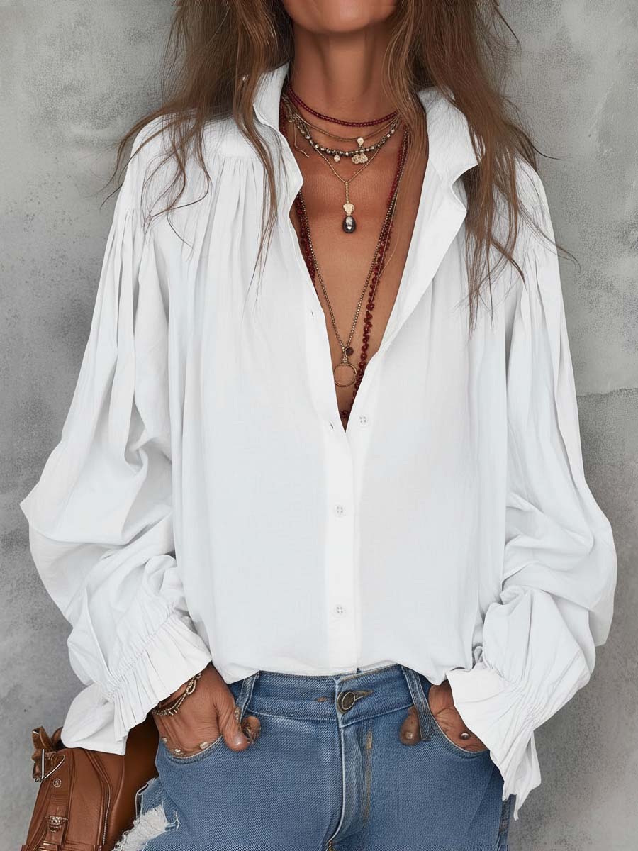 Retro Pleated Shoulder Ruffle Cuffs Blouse