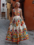 Mexican Flowers Embroidered V Neck Flowy Linen Maxi Evening Dress