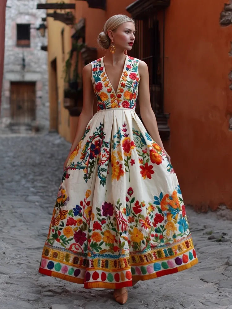 Mexican Flowers Embroidered V Neck Flowy Linen Maxi Evening Dress