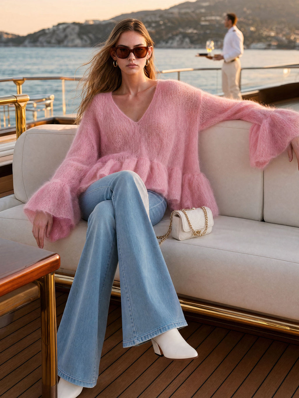Warm And Elegant V-neck Ruffled Pink Long-haired Knit Pullover