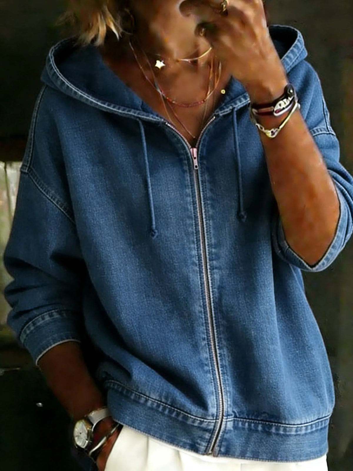 Women's Casual Long Sleeve Denim Zipper Hoodie Coat