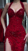 deep-red-sequin-halter-gown-feather-trim-slit-corset-maxi-dress