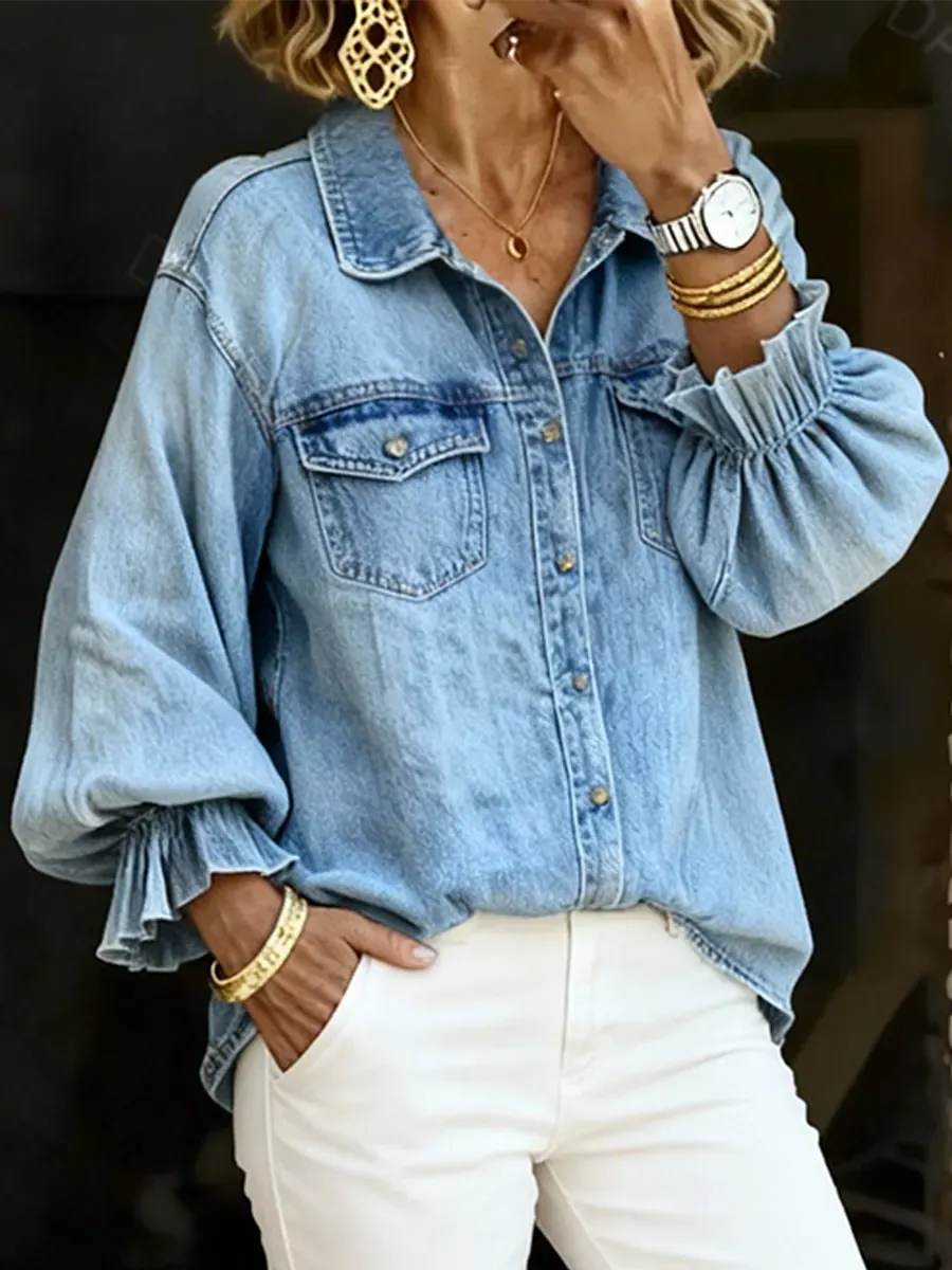 Women's Casual Elegant Lantern Sleeve Collared Denim Shirt