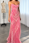 hot-pink-sequin-mermaid-gown-strapless-chevron-maxi-with-train