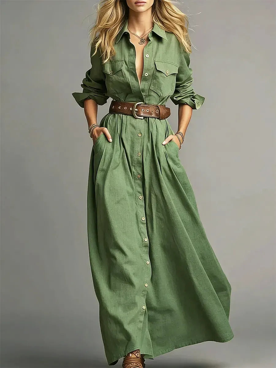 Women's Retro Lapel Button Pockets Art Stylish Casual Maxi Dress