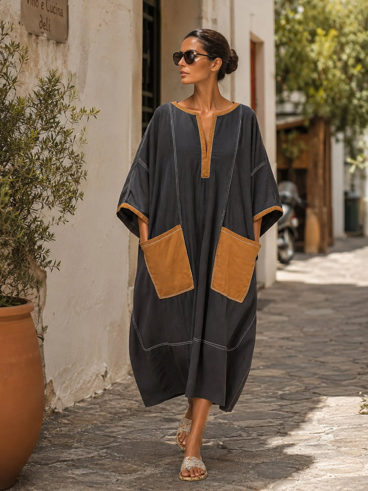 Women’s Contrast Trim Oversized Kaftan Dress With Utility Pockets