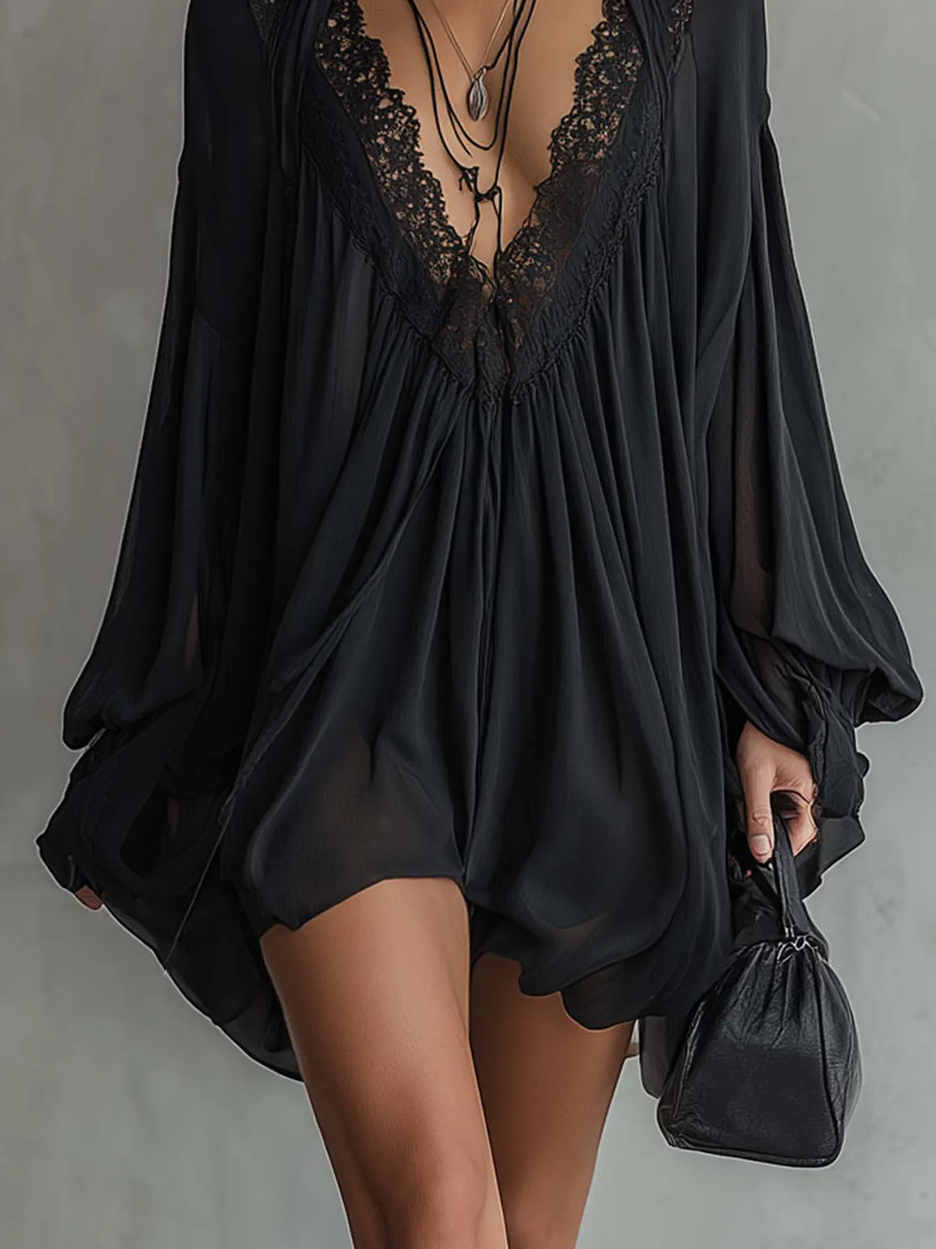 Black Chiffon Halter Mini Dress With Lace Neckline