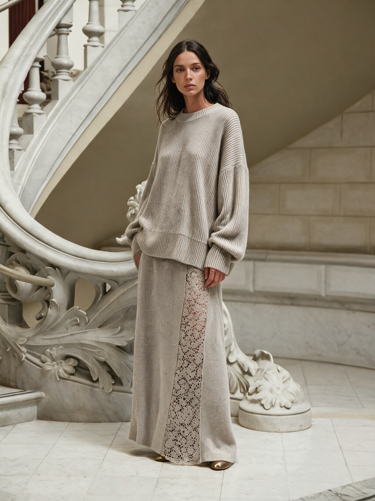 Women's Oversized Rib Knit Sweater & Lace Panel Maxi Skirt Set