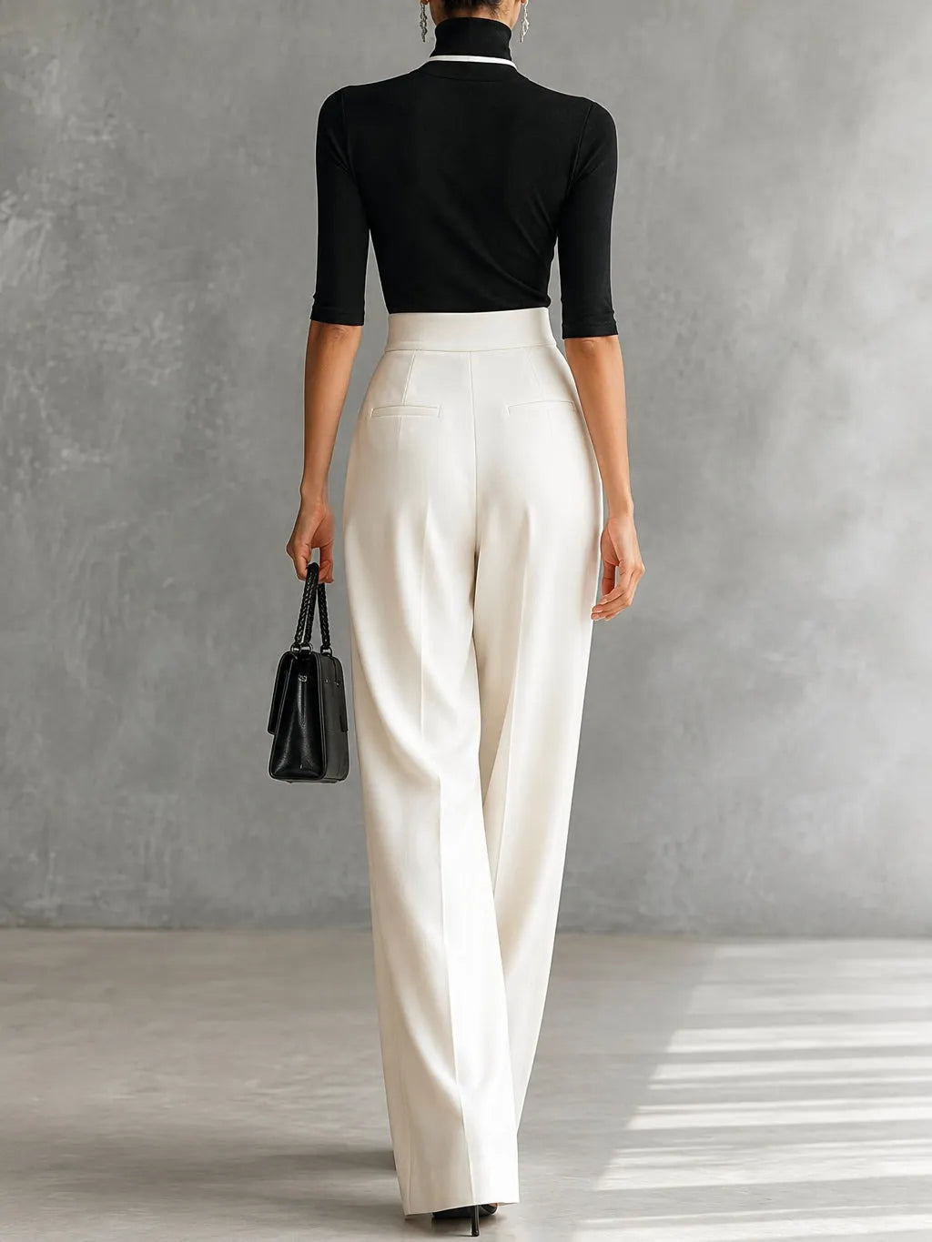 White Trim High-neck Mid-sleeved Black Top With White Wide-leg Pants Set