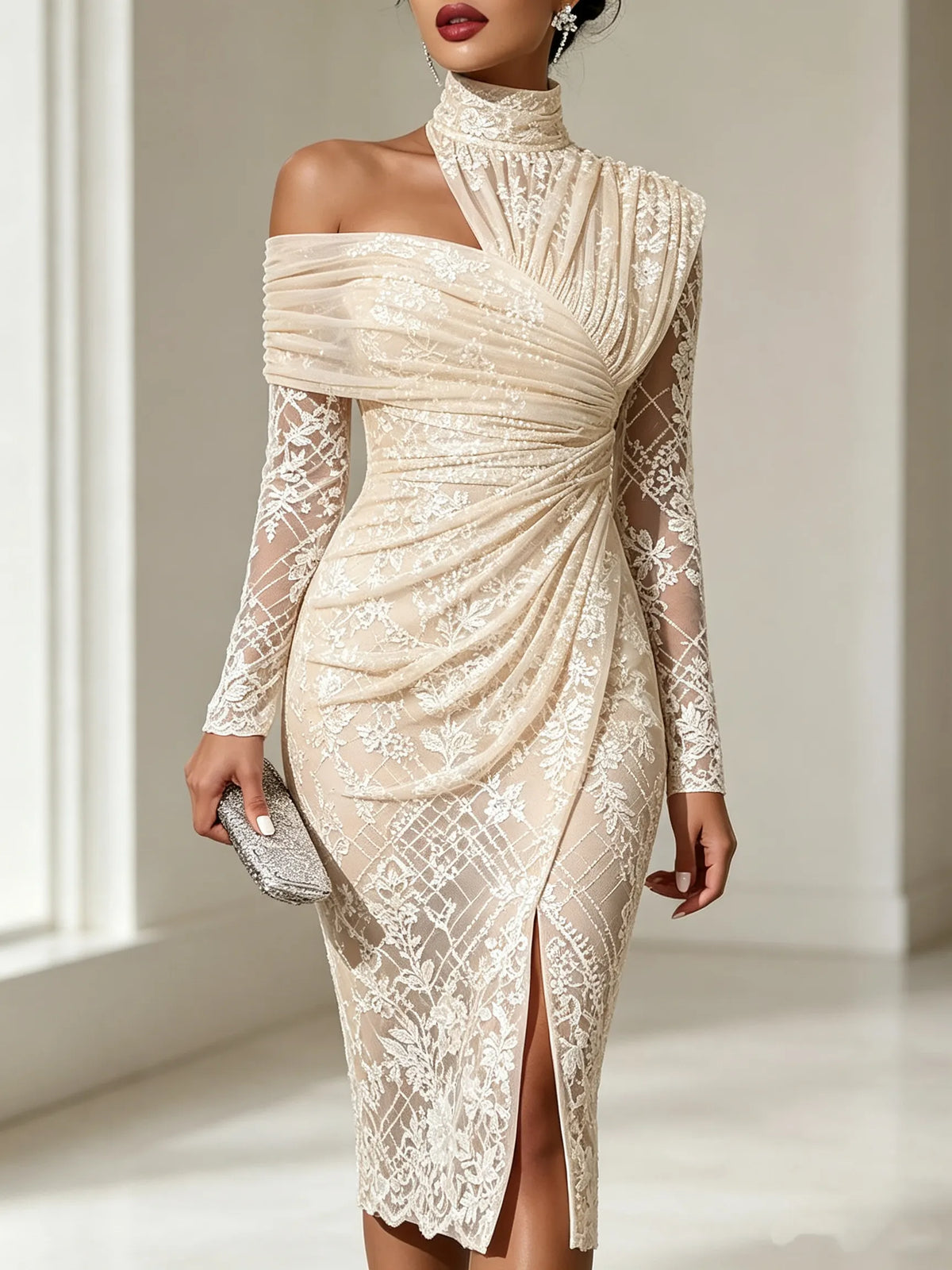 Women Long Sleeve Asymmetric Draped Ruched Slit Midi Bodycon Evening Dress