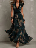 Vintage Dark Green Floral Lace-trimmed Chiffon maxi Dress