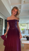plum-off-shoulder-lace-bodice-gown-ribbon-scarf-a-line-maxi-dress