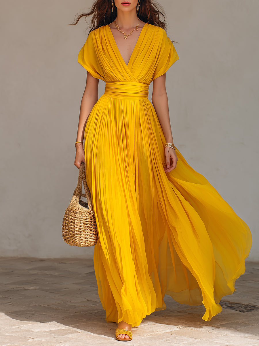 Holiday Cap Sleeve Pleated Chiffon Maxi Dress