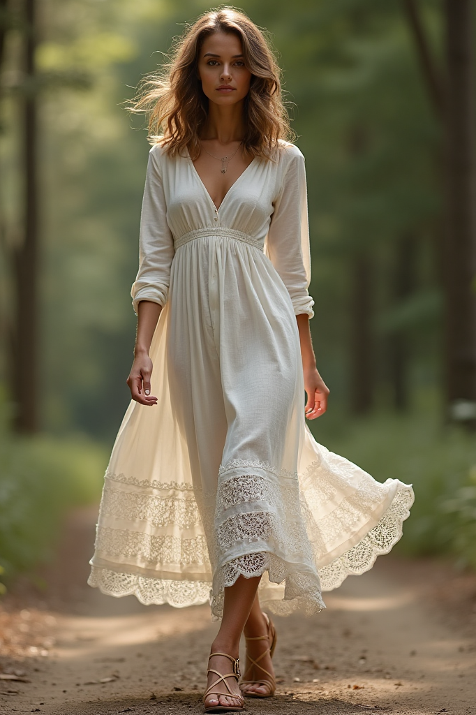 Bohemian Dress White V Neck Lace Maxi Dress